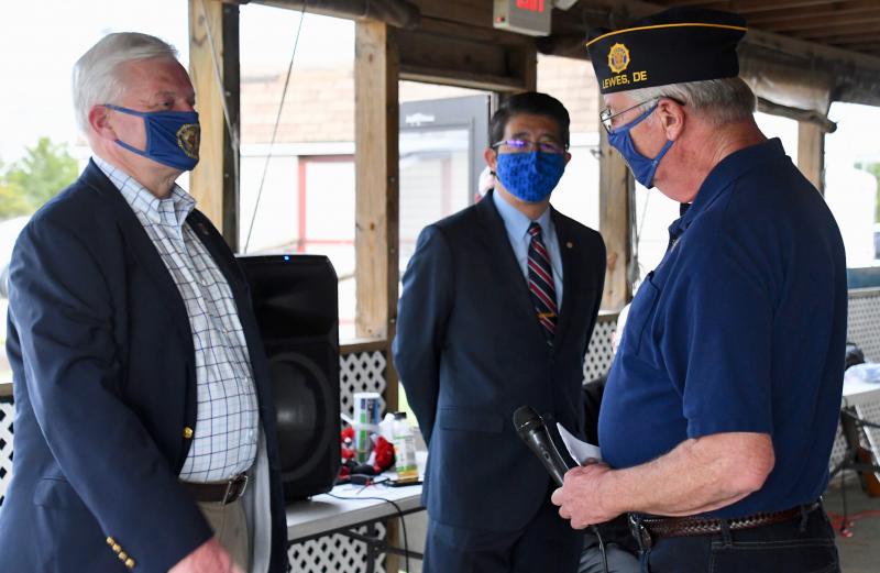 Post 17 Commander Ed Bergen thanks Lewes Mayor Ted Becker, left, and Beebe Healthcare CEO and President David Tam for their efforts during the COVID-19 pandemic.
