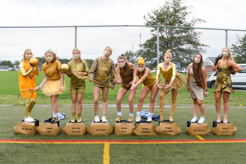 Trophy girls. Shown are (l-r) Sierra Manifold (No. 1 Baller), Sam Connors (tennis pro), Lily Ashby (soccer striker), Maren Buckaloo (lax MVP), Reagan Ciabattoni (track star), Molly Mendez (super swimmer), Noelle Sabbagh (prima ballerina), Sommer Dorman (No. 1 cut-up) and Casey Schnupp (sweet singer). DAVE FREDERICK PHOTOS