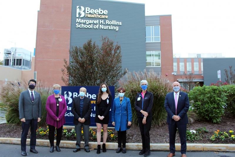 Dr. and Mrs. Anis Saliba Scholarship presentation attendees shown are (l-r) Dr. David A. Tam, Beebe Healthcare president and CEO; Tracy Bell, School of Nursing program coordinator; Dr. Anis Saliba; recipient Peyton Medd; Susan Saliba; Diane Barlow, Beebe Medical Foundation gift planning officer; and Tom Protack, Beebe Medical Foundation president. SUBMITTED PHOTO