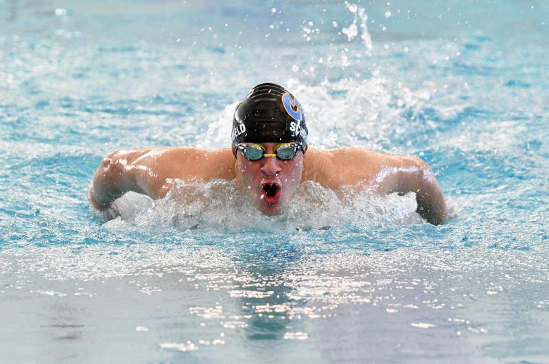Cape senior Sam Schoenfeld pulls through the Sussex Consortium pool during the fly.