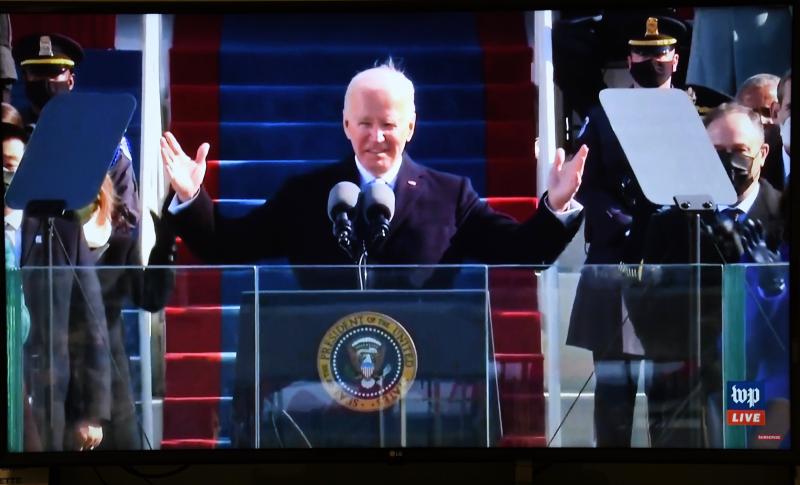 President Joe Biden of Delaware begins his inauguration speech during a subdued ceremony due to COVID-19 restrictions. SCREEN SHOT BY RON MACARTHUR
