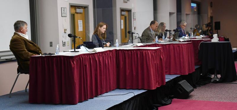 Sussex County Planning and Zoning Commission members meet in Room 540 in the Carter Partnership Center on the Delaware Technical Community College campus in Georgetown. Members are (l-r) Keller Hopkins, Vice Chair Kim Hoey Stevenson, Chairman Bob Wheatley, Holly Wingate and Bruce Mears. RON MACARTHUR PHOTOS