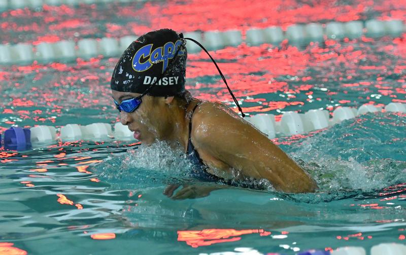 Amaya Daisey swims the breaststroke leg of the 200 medley relay. She and her teammates Aya Daisey, Julie Heffernan and Erin Morrissey took third with a time of 2:06.59.