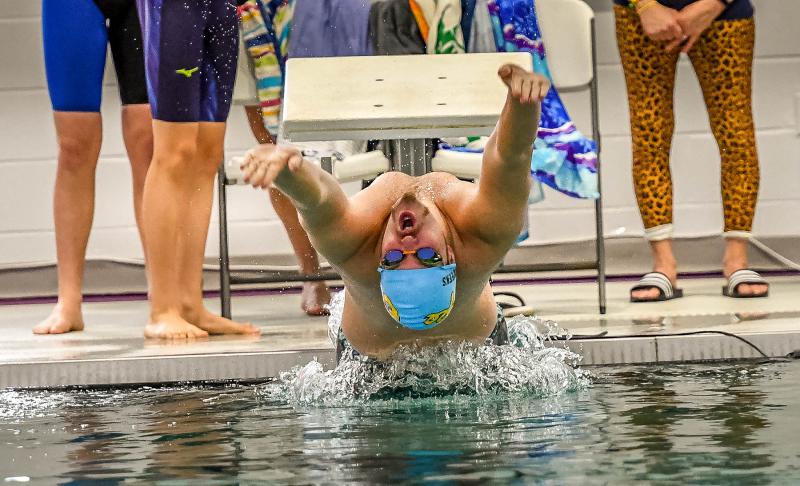 Cape senior Thomas Weeks starts off the 200 medley relay. He and teammates Brian Fleming, Josh Turek and Josh Reinhold won the event with a time of 1:46.44.