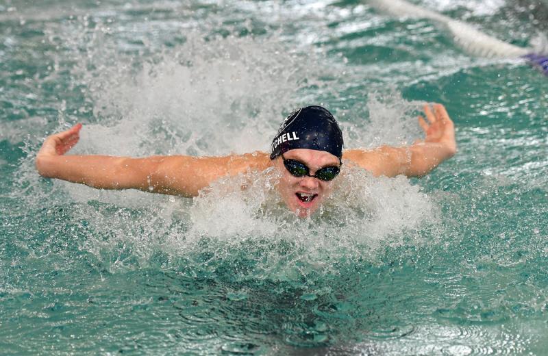 Sussex Academy’s Trey Mitchell swims the fly leg of the 200 medley relay. He and his teammates Chet Mariner, Jaxon Laux and Jackson Basile took second place with a time of 1:52.04.