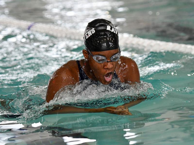 Sussex Tech’s Neh Dinga swims the breaststroke leg of the 200 medley relay. She and her teammates Rachel Pogwist, Brynn Thornton and Cassidy Thomas finished in fourth place with a time of 2:08.87.