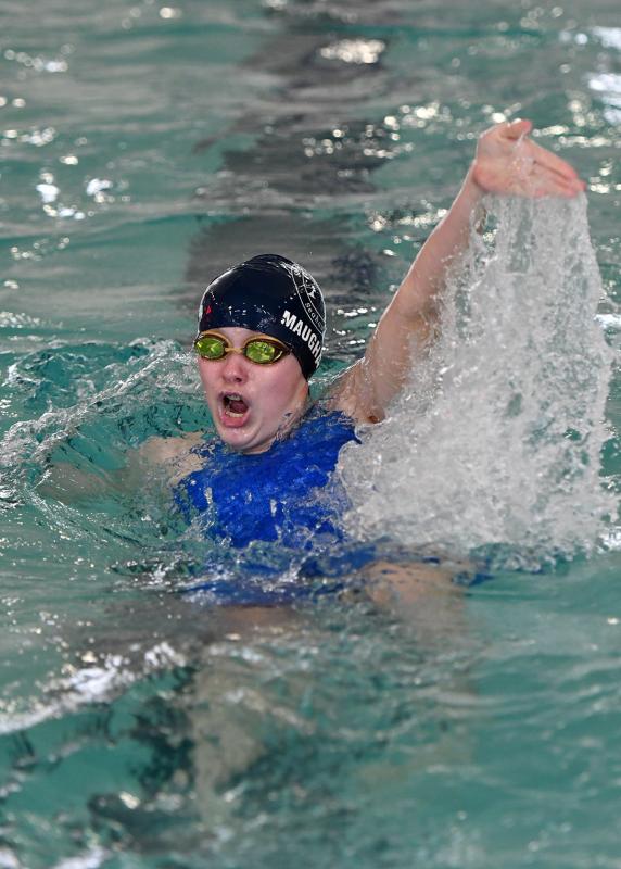 Sussex Academy’s Gracie Maughan swims the backstroke leg of the individual medley. She placed second with a time of 2:16.07.