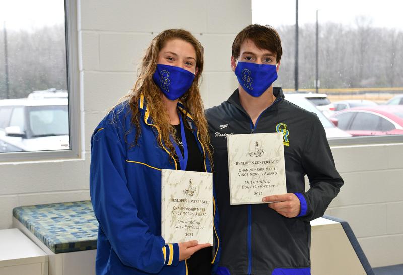 The Vince Morris Outstanding Boys Swimmer Award went to Caesar Rodney’s Ryan Woodzall, right, who broke the 500 freestyle record in 4:46.42, while his teammate Danielle Stewart garnered the girls’ award after breaking the 500 free record in 5:13.56.