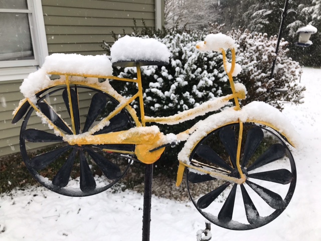 Too cold for a bike ride, but the perfect day for a bicycle lawn ornament photographed by Jessica Clampitt of Lewes.