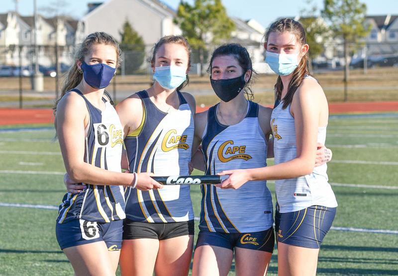 Cape placed fourth in the 4-by-200 relay. Shown are (l-r) Lainey Shockro, Montana Jones, Hannah Maney and Alexa Dougherty. They finished with a time of 1:53.76.