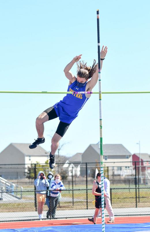 Sussex Central senior Asher Timmons clears 11-feet-3-inches and wins the pole vault state championship.