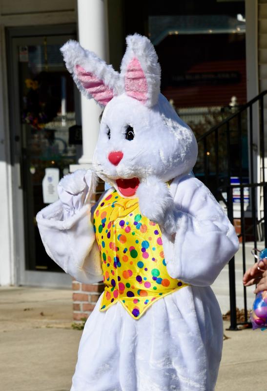 A dressed-for-the-season Easter Bunny takes part in Georgetown’s Easter egg giveaway on The Circle.