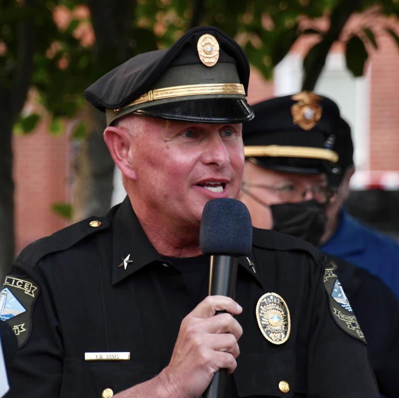 Rehoboth Beach Police Chief Keith Banks, who is from Georgetown, tells the crowd that police can’t do their job without support from the community.