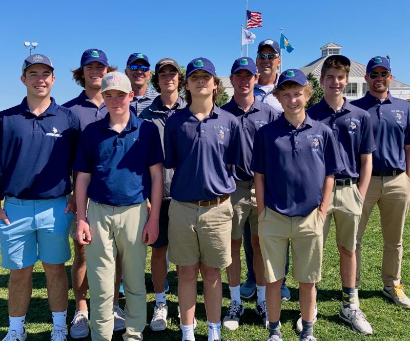 The Cape Henlopen High School golf team finished 9-3 in the regular season. The team plays next in the Henlopen Conference tournament Tuesday, May 25, with three Vikings also set to play in the state championship June 1-2. Shown are (l-r) Quinn McCullough, Forest Dotterer, Dylan Baker, assistant coach Bill Geppert, Tom Burn, Flynn Kalb, Dylan Steinwedel, head coach Rob Harrod, Ethan Mercer, Chris Williams and assistant coach Mike McGinley. Not pictured: Seth Reynolds and assistant coach Reed Jones. FRITZ SCHRANCK PHOTO
