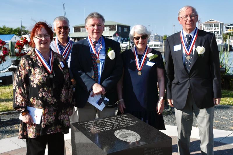 The Delaware Maritime Hall of Fame Class of 2021 members and those accepting the award for inductees are (l-r) Linda Jennings, wife of Lee Jennings; Stephen Roberts (Class of 2018), who nominated Lisa Himber; James Falk; Connie Benko; and Michael Morgan. RON MACARTHUR PHOTOS