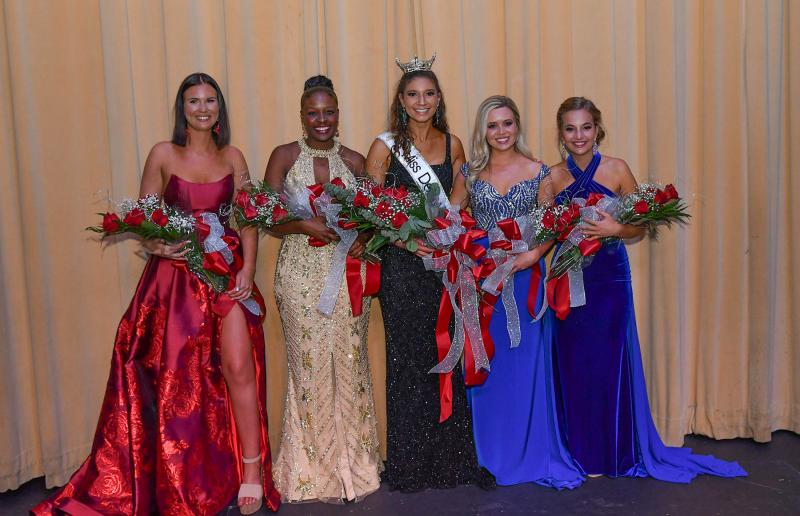 The top five contestants are (l-r) Miss Blue-Gold Kara Scarangella, Miss Capital Imani Cummings, Miss Delaware 2021 Sophie Phillips, first runner-up Miss Brandywine Riley Slate and Miss First State Allison Dayton.