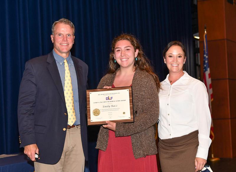Emily Racz received the Bentley University President's Scholarship - $120,000, DECA Outstanding Senior Award - $200, Geneva Pepper Morris Scholarship - $1,000, George H.P. Smith Scholarship - $500, James A. McCarty Memorial Scholarship - Delaware Lions Foundation - $1,000, Janosik Family Scholarship - $1,000 and President's Award for Educational Excellence.