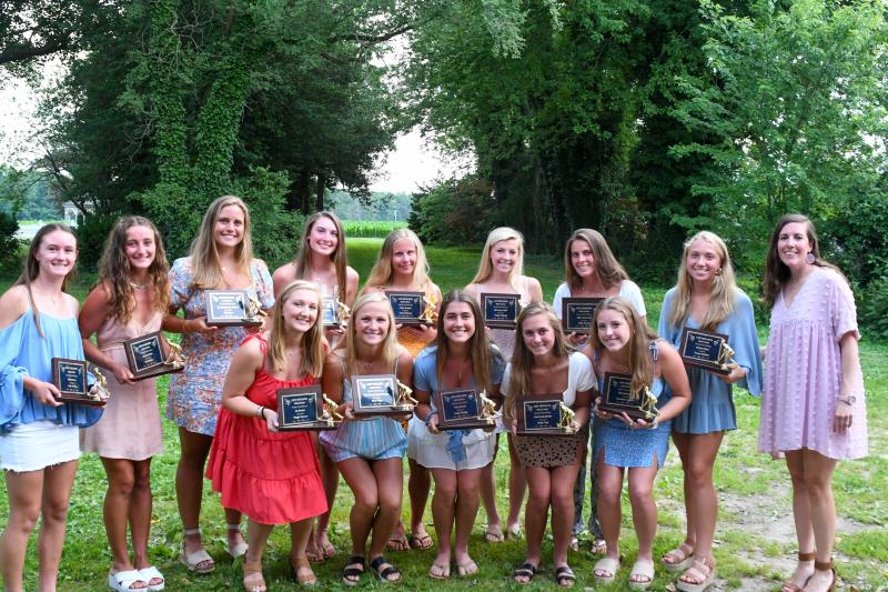 Cape hockey award winners gather with coach Kate “Windy” Austin. In back are (l-r) Lulu Rishko, Ella Rishko, Riley Keen, Reagan Ciabattoni, Julie Heffernan, Noelle Sabbagh, Molly Mendez, Emma Duffield and coach Kate Austin. In front are Maggie Dawson, Riley Klopp, Emily Monigle, Haley Craig and Sam Connors. DAVE FREDERICK PHOTOS