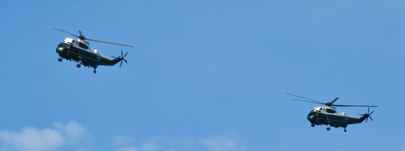 After one helicopter landed at the Gordons Pond parking lot, the other two circled around, with one landing and one heading back to Washington, D.C. RON MACARTHUR PHOTO