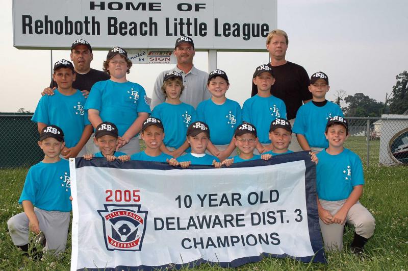 The 2005 District 3 winners from Rehoboth. In back are (l-r) coaches Nick Perugino, Dino Nardo and Matt Emery. In middle are Nick Perugino, Michael Bateman, Dalton Franklin, Ben Soyka, Diaz Nardo and Joe Ziegler. In front are Drew Love, Brooks Emery, Connor Brown, Davis Lawson, Tyler Doherty, Brandon Keller and Adam Marcinizan. DAVE FREDERICK PHOTO