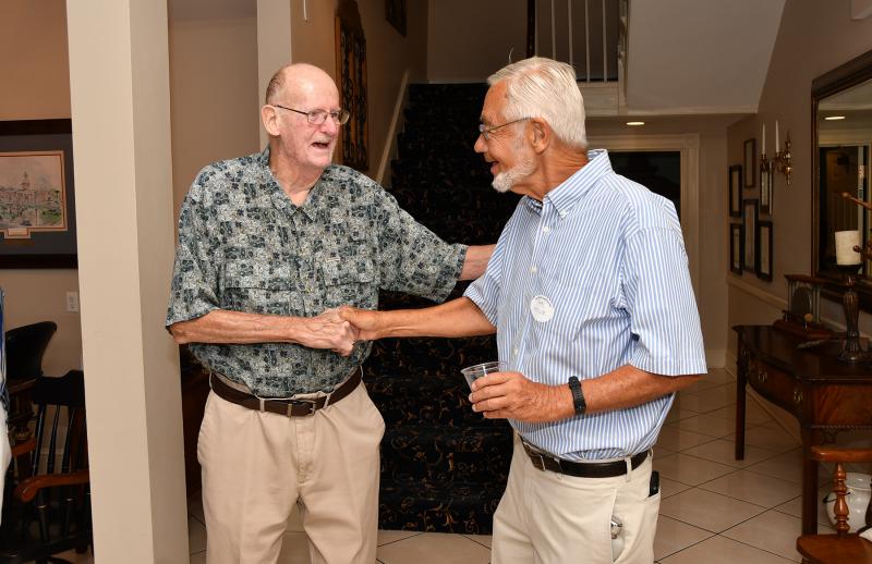 Howard Sheldon, left, of Lewes and Karl Haller of Georgetown share a happy greeting. Karl and his wife Mary were the first guests to check into The Brick when it opened for Return Day 2008, and in addition to being faithful restaurant patrons, they have stayed at The Brick every Return Day since then. They first met Howard and his wife Barbara in 2012, when the Sheldons first stayed for Return Day, and each Return Day thereafter. "Our regular Return Day guests evolved into their own little family – it was so wonderful to make it possible for them to gather one last time," said Lynn Lester.