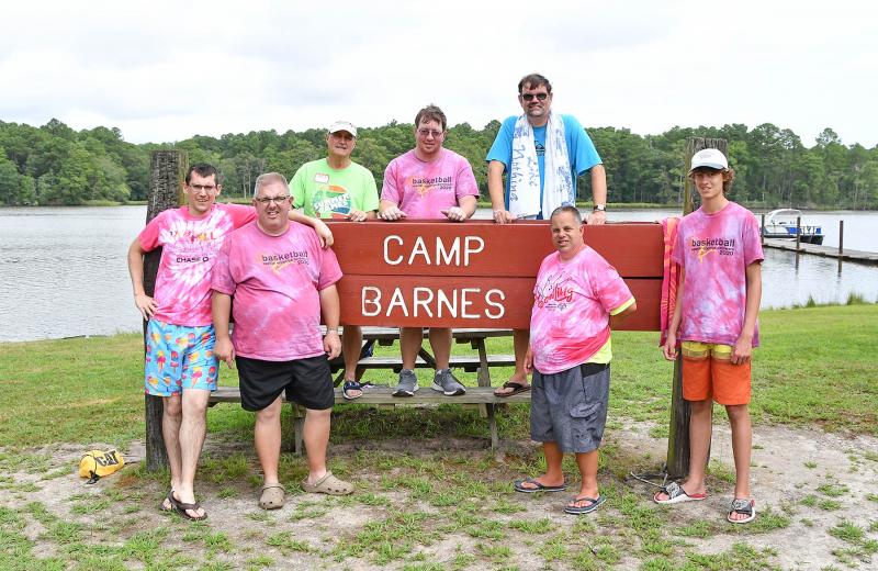 Cabin mates pose with the Camp Barnes sign. Shown are in back (l-r) Joe Mullen, Matt Montgomery and Justin Daisey. In front are Chris Loehr, Gene Giuliani, Anthony Benevento and Charles Foster.