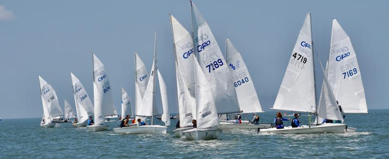 Skylor Sweet and Ava Arepally (7289), North East River Yacht Club/Tred Avon Yacht Club, lead the way during a race in C420 competition. The pair took top honors in the fleet.