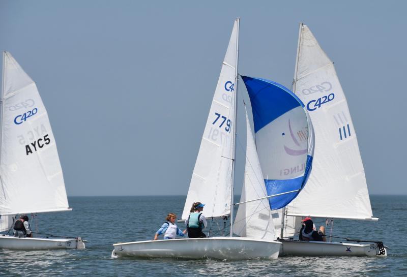C420 sailors vie for position after rounding a mark in the second race of the day. The team of Michael Yost and Isabella Hillman (7791), Miles River Yacht Club, finished third in the fleet.