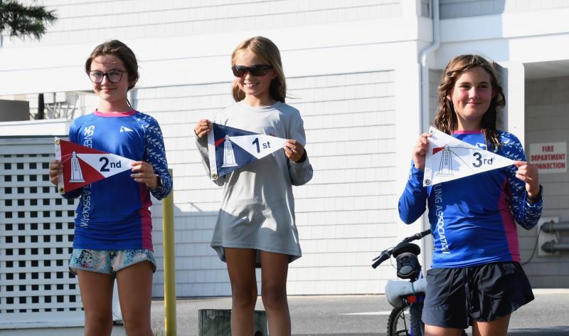 Optimist green fleet winners are (l-r) Sophia Buckler, Severn Sailing Association, second; Morgan Rosenthal, Annapolis Yacht Club, first; and Sofia Cole, Severn, third.