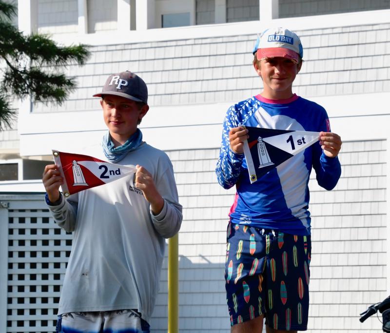 Winners in the Optimist blue fleet are (l-r) Bryce Herfel, Baltimore County Sailing Center, second; Robert Herzog, Severn Sailing Association, first; and Miles River/Tred Avon, third (not shown).