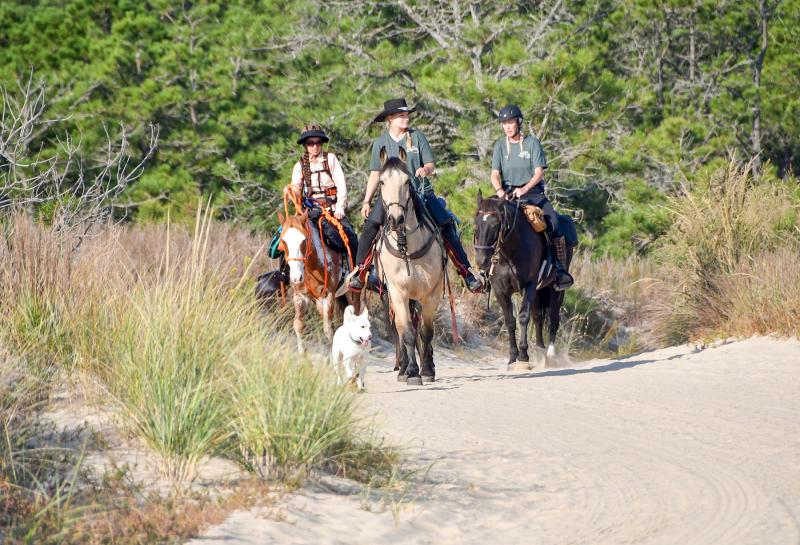 Hannah Catlino on Rosette, videographer Jacqueline Taylor on Phin and Lisanne Fear on Chileno walk to the beach to prepare for the pre-trip ceremony.