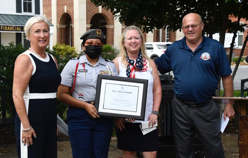 The chapter’s JROTC Award is presented during the Constitution Day ceremony. Making the presentation to Sussex Central High School Cadet Vanessa Hernandez Barrios, second from left, are (l-r) Rep. Ruth Briggs King, R-Georgetown; Adrienne Donaway, chapter corresponding secretary; and Georgetown Mayor Bill West,