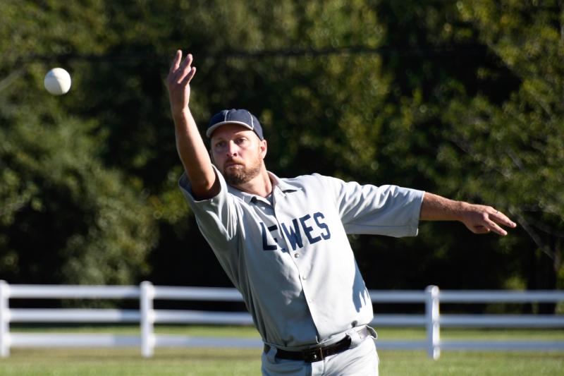 Lewes pitcher Kevin “Dart” Schultze fires a pitch toward home during his team’s 6-2 win over Brandywine Base Ball Club.
