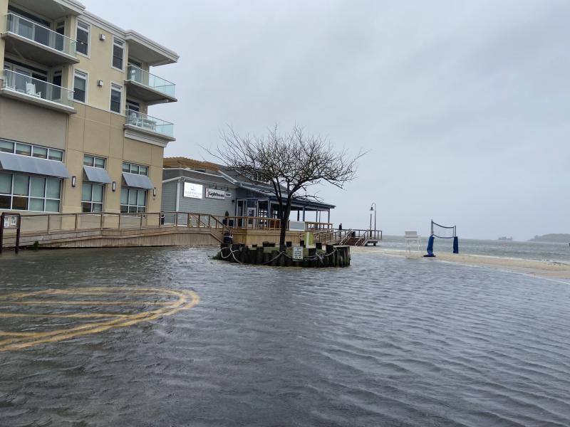 Bay water seeps past the entrance to The Lighthouse in Dewey Beach. The restaurant closed Oct. 29 due to the weather. ELLEN DRISCOLL PHOTO