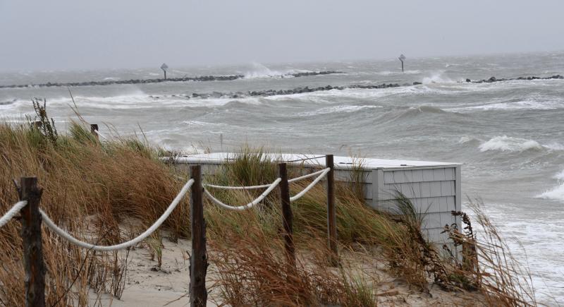 Lewes Beach and Roosevelt Inlet are hit hard by constant waves blown in off Delaware Bay. Significant beach erosion will likely be the aftermath of the Oct. 29 storm. RON MACARTHUR PHOTO