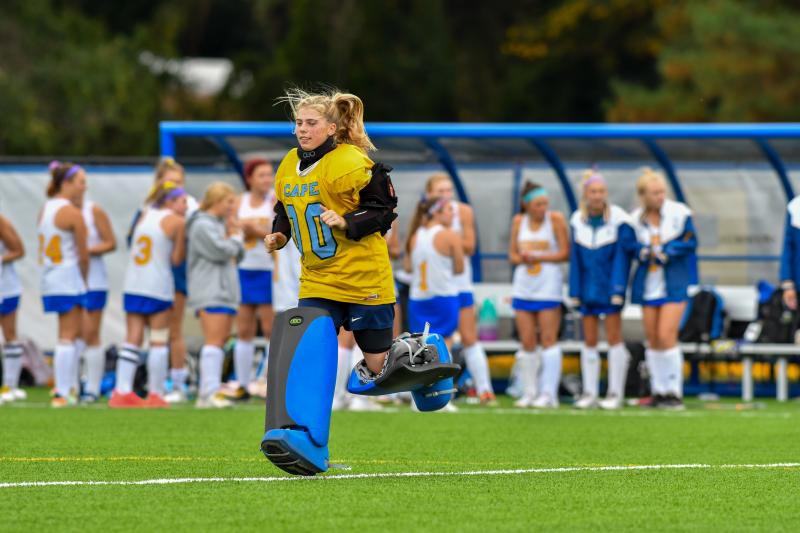 Cape goalie Morgan Newcomb is introduced before going into witness protection the rest of the game.