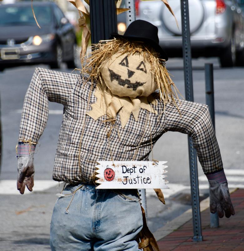 The Delaware Department of Justice scarecrow is ready to do some bird scaring in a local farm field.