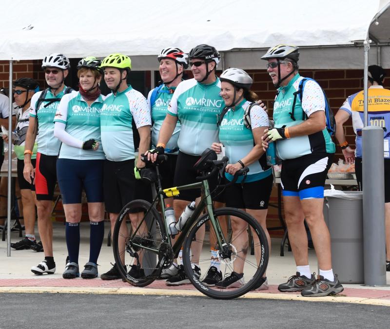 Members of the Amring Pharmaceuticals team, based in Chester County, Pa., pose for a photo during a rest stop.
