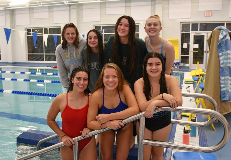 Cape girls’ swimming Class of 2022 members are in back (l-r) Cierra Barnett, Sarah Krajewski, Ryan Williams and Heidi Simmons. In front are Sophie Schoenfield, Gabby Robertson and Maya Rector. Not shown is Molly Mendes.