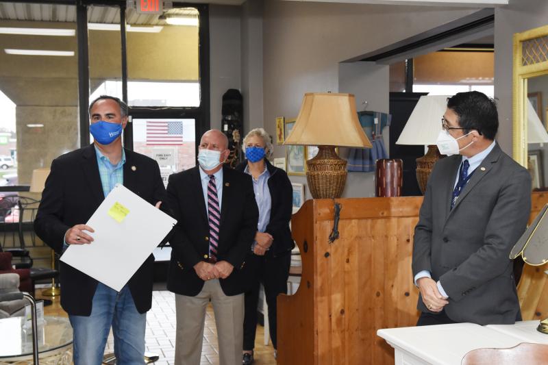 Sen. Ernie Lopez, R-Lewes, presents House and Senate tributes to commemorate the auxiliary’s 85th anniversary. Shown are (l-r) Lopez, Beebe Medical Foundation President Tom Protack, Beebe Medical Foundation Executive Director of Development Kay Young and Beebe Healthcare President and CEO Dr. David Tam.
