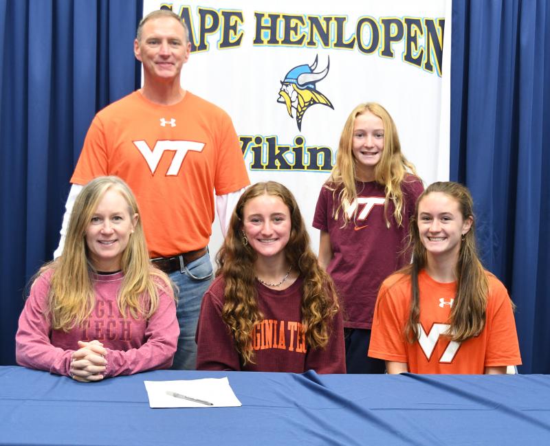 Ella Rishko flanked by Nelia and Louise Rishko. Standing are John Rishko and Mairead Rishko. Ella will be attending Virginia Tech to play lacrosse for the Division I Hokies of the ACC. The Hokies will be coached by Kristen Skiera, who played high school lacrosse at Mount Hebron for P.J. Kesmodel.