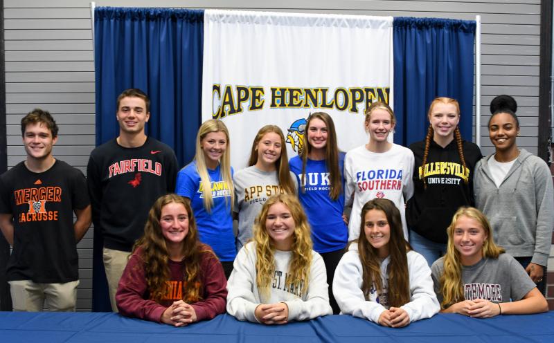 Shown in back are (l-r) Mikey Frederick (Mercer University, lacrosse), Hank D’Ambrogi (Fairfield University, lacrosse), Noelle Sabbagh (Delaware, field hockey), Samantha Connors (Appalachian State, field hockey), Reagan Ciabattoni (Duke, field hockey), Rileigh Wilson (Florida Southern College, volleyball), Morgan Mahoney (Millersville University, basketball), and Mehkia Applewhite (Menio College, basketball). In front are Ella Rishko (Virginia Tech, lacrosse), Kelly Bragg (Mount Saint Mary’s, lacrosse), Molly Mendez (Rollins, lacrosse), and Emma Duffield (Swarthmore, field hockey). DAVE FREDERICK PHOTOS