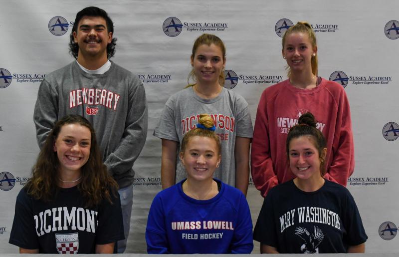 Shown in back are (l-r) Kenny Cay (Newberry College, lacrosse), Bella Guckes (Dickinson College, lacrosse), and Emma Westbrook (Newberry College, field hockey). In front are Hannah Lydic (Richmond University, golf), Madison Leeper (UMass Lowell, field hockey), and Emma Lehman (Mary Washington College, field hockey). DAVE FREDERICK PHOTOS