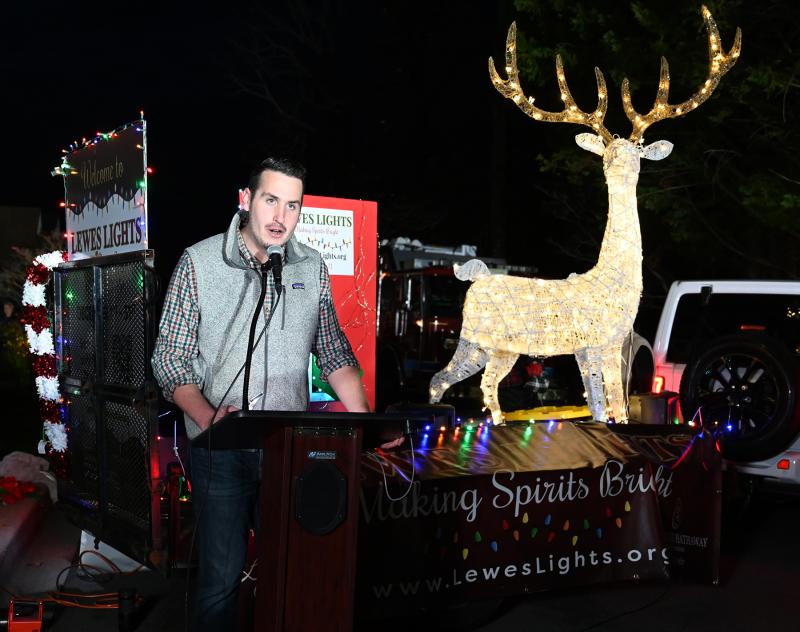 Lewes Lights co-organizer Christian Mullins welcomes the crowd to the official kickoff for Lewes Lights.