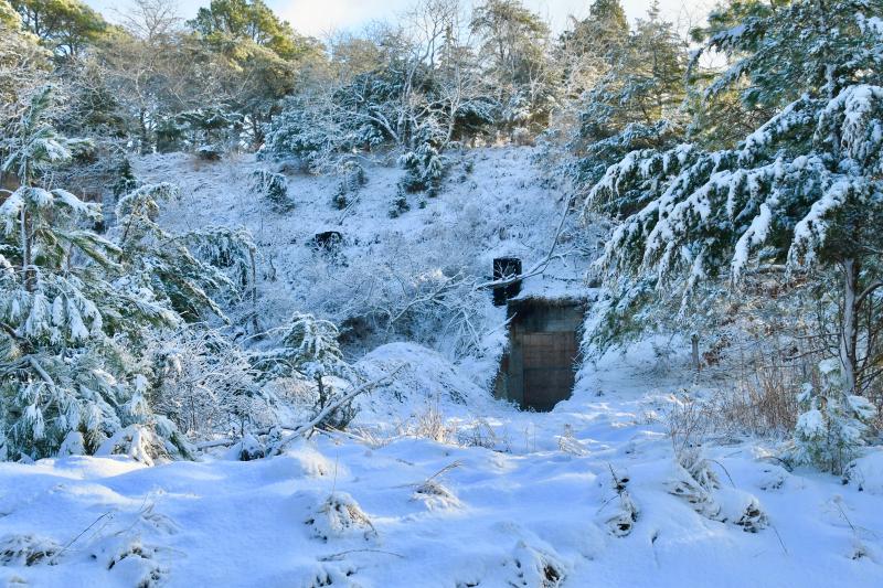 One of the hidden World War II bunkers at Fort Miles in Lewes is covered with snow. RON MACARTHUR PHOTO