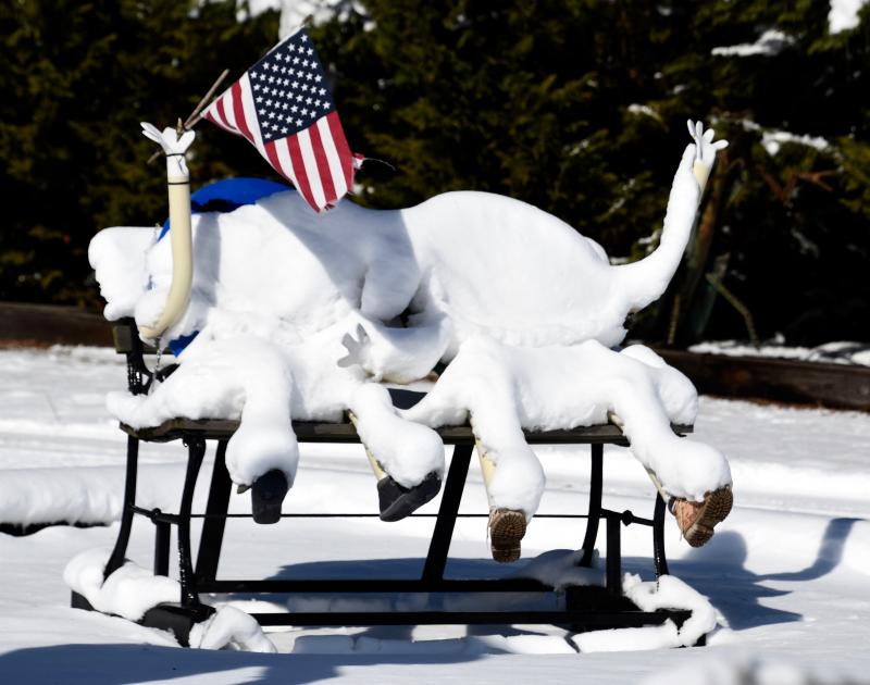 Judy Hagen’s metal sculpture of two M&Ms is covered in a blanket of snow. Her shop is located on Route 24 in Long Neck. RON MACARTHUR PHOTO