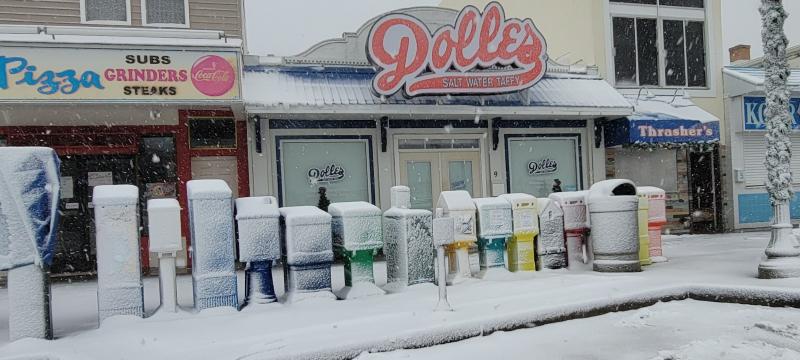 No one is enjoying treats on Rehoboth Avenue during the snowstorm, as these businesses are closed for the snow day in Donald N. Pedersen’s photo.