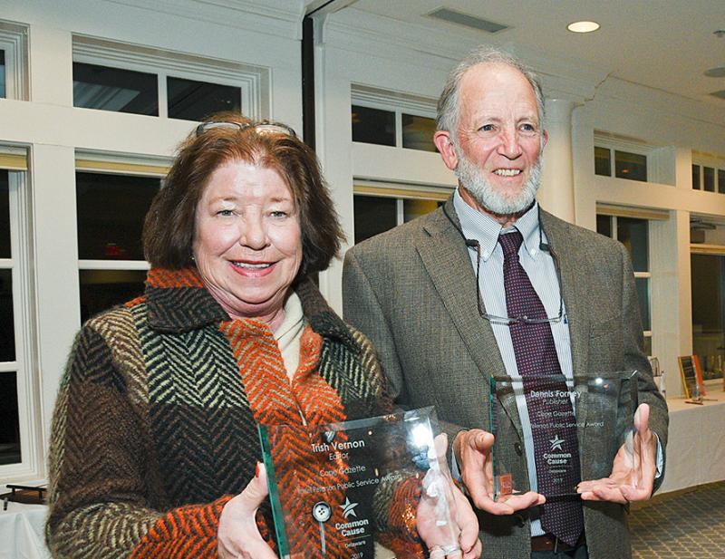 Trish Vernon and Dennis Forney at a Common Cause event in October 2019 celebrating the Gazette’s contribution to the Cape Region. FILE PHOTO