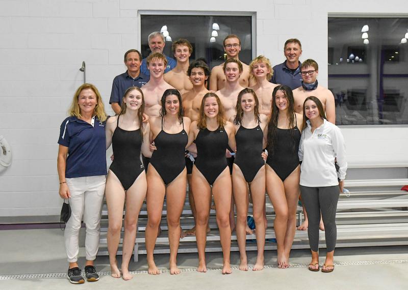 The Cape team celebrated the Class of 2022 at the meet. Shown in back are (l-r) assistant coach Rick Brokaw, assistant coach Pete Olson, Josh Reinhold, Marcus Gromofsky and head coach Bill Geppert. In middle are Hunter Jones, Josh Turek, Dylan Steinwedel, John Southerst and Michael Morgan. In front are coach Tina Nigh, Heidi Simmons, Sophie Schoenfeld, Gabby Robertson, Ciera Barnett, Ryan Williams, and Sarah Krajewski. Not shown are Samantha Connors, Molly Mendes and Brenden Groll. DAN COOK PHOTOS