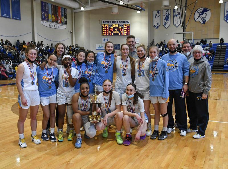 Taking home the Henlopen Conference Championship are in back (l-r) Ella Rishko, Mya Maull, coach Noelle Alicea, Ja'Onna Lee, Mackenzie Vitolo, Grace Totten, Hayden Hudson, Lauryn Head, coach Chuck Hudson, Kelly Bragg, Faith Re, head coach Pat Woods, coach Bryan Whitten and coach Theresa McCloy. In front are (l-r) Mehkia Applewhite, Morgan Mahoney and Julia Saleur. DAN COOK PHOTOS